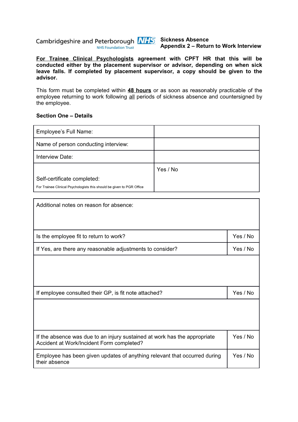 Appendix 2 Return to Work Interview