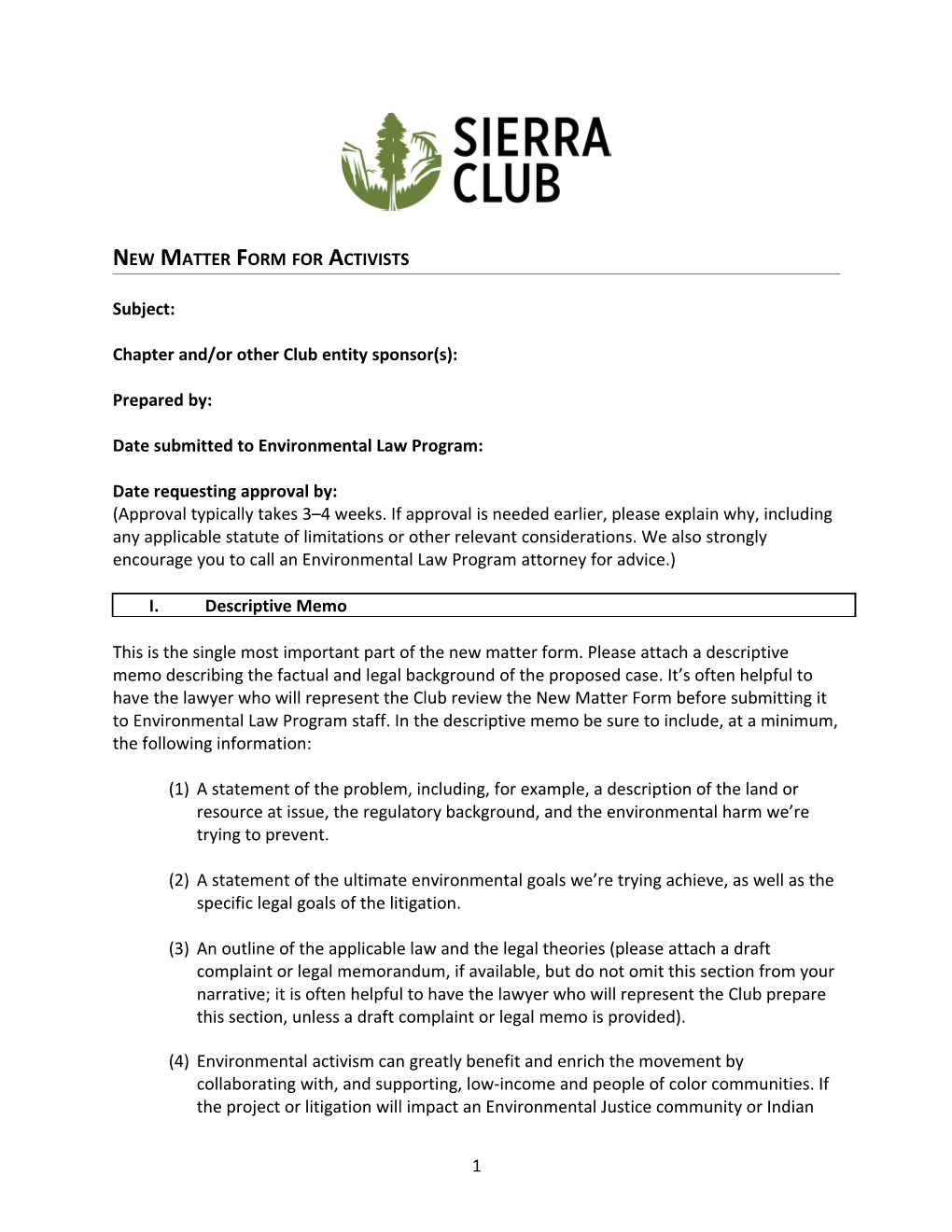 Sierra Club New Matter Form for Activists