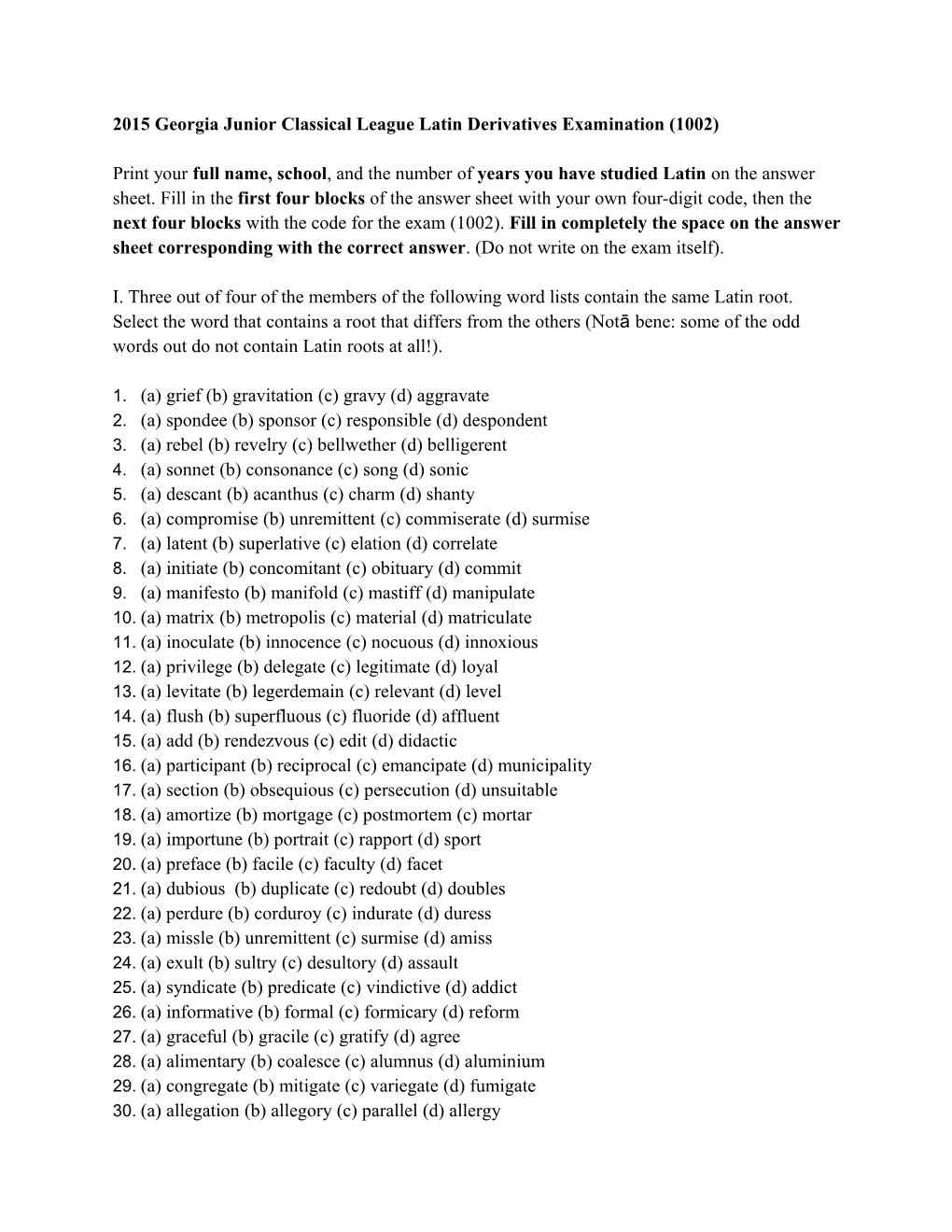 2015 Georgia Junior Classical League Latin Derivatives Examination (1002)