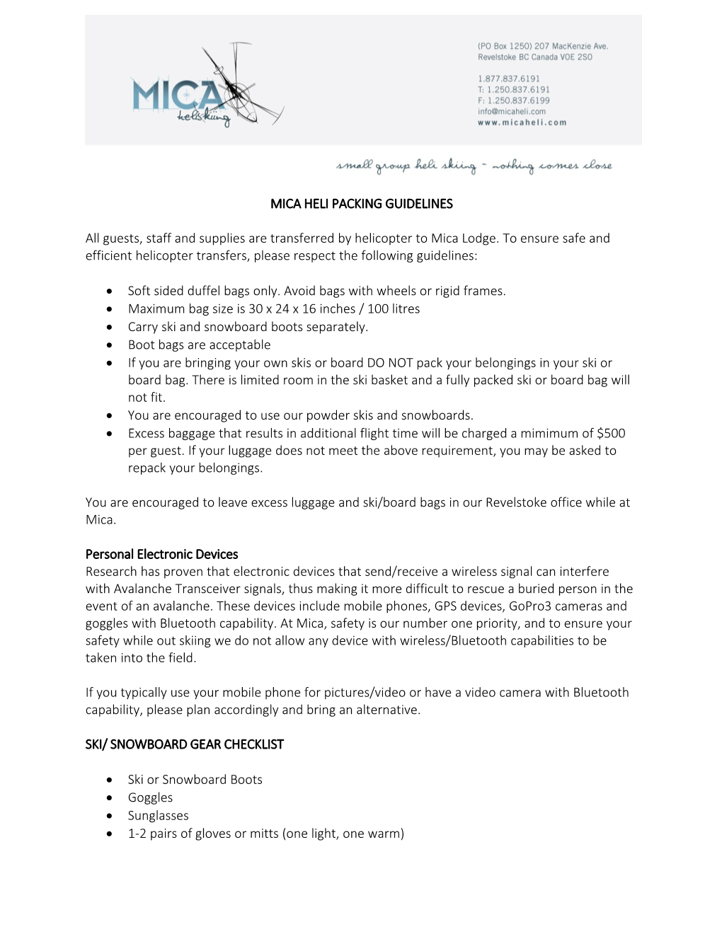 Mica Heli Packing Guidelines