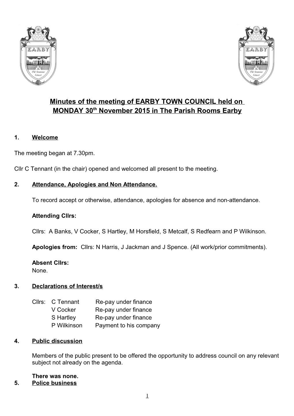Minutes of the Meeting of EARBY TOWN COUNCIL Held On