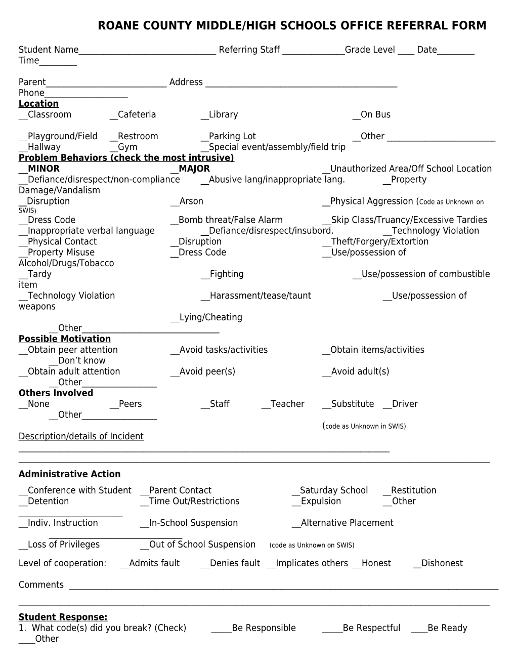 Roane County Schools Office Referral Form
