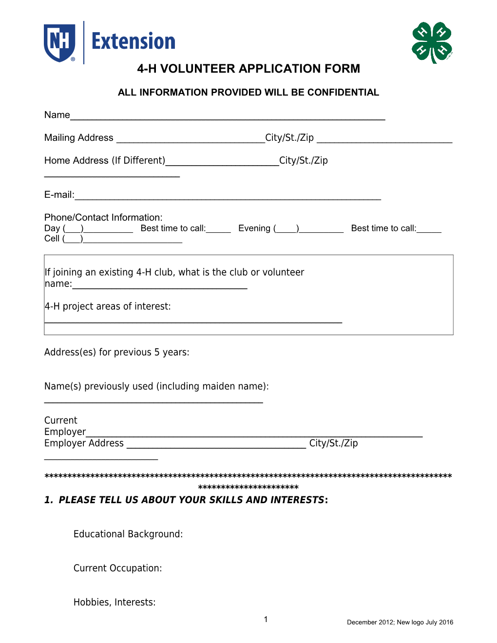 4-H Volunteer Application Form