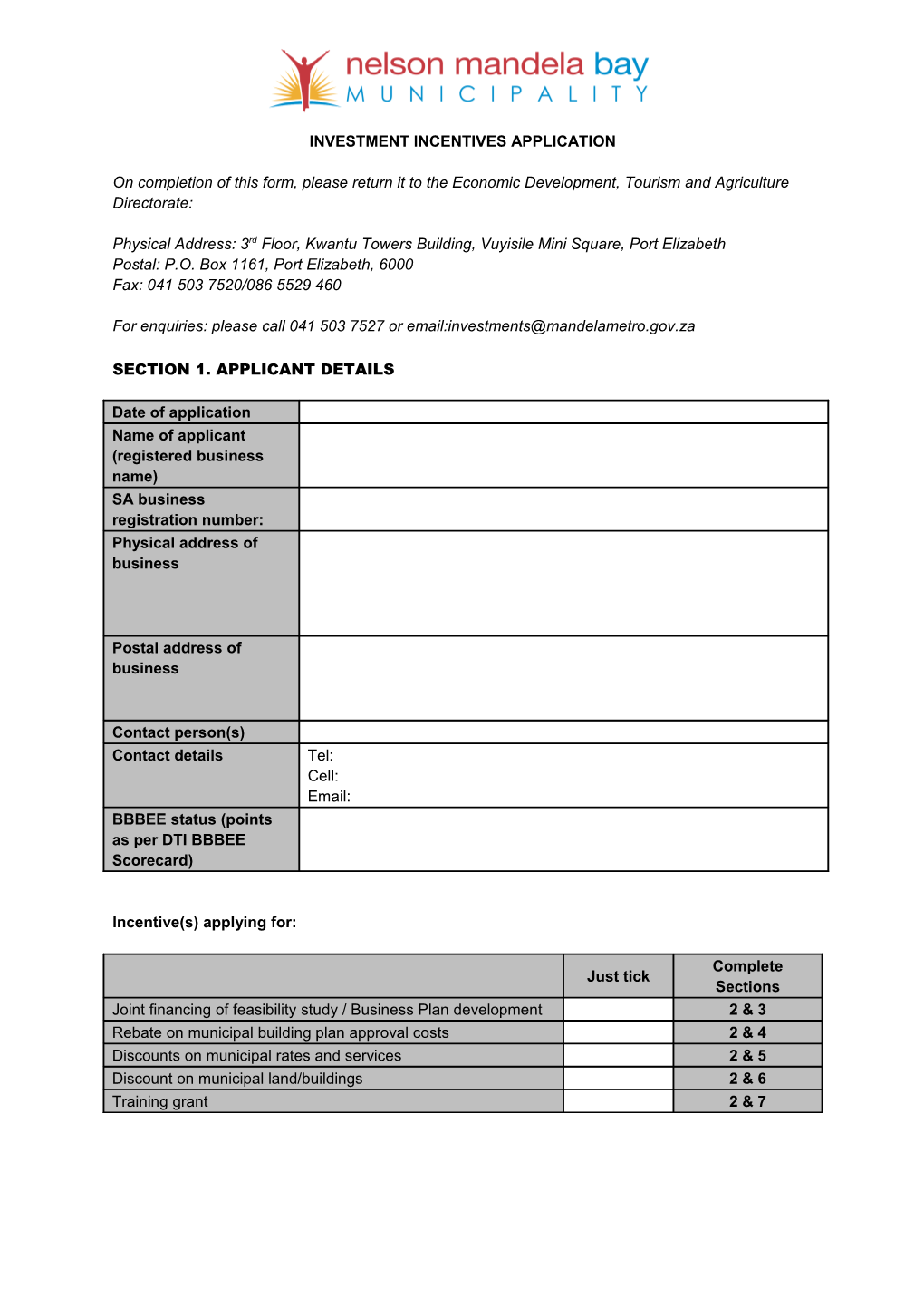 Investment Incentives Application