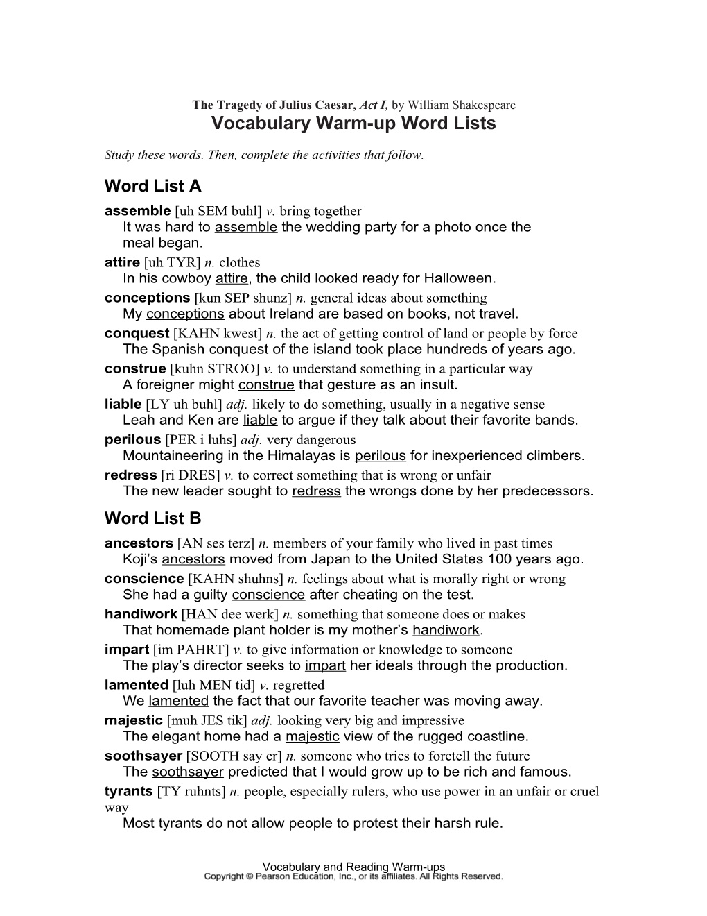 Vocabulary Warm-Up Word Lists