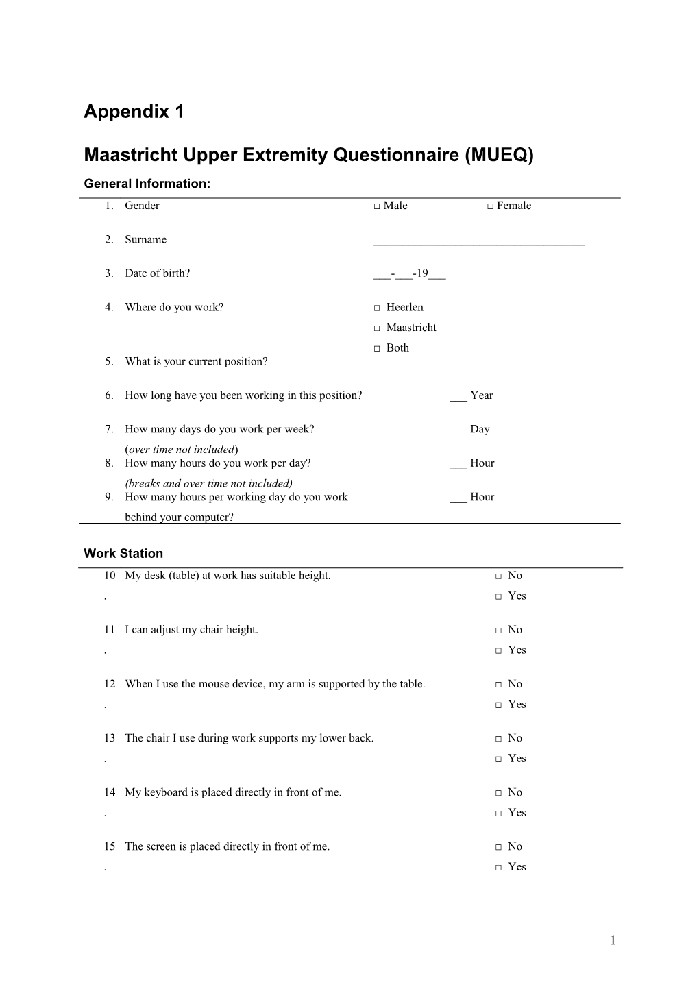 Maastricht Upper Extremity Questionnaire (MUEQ)