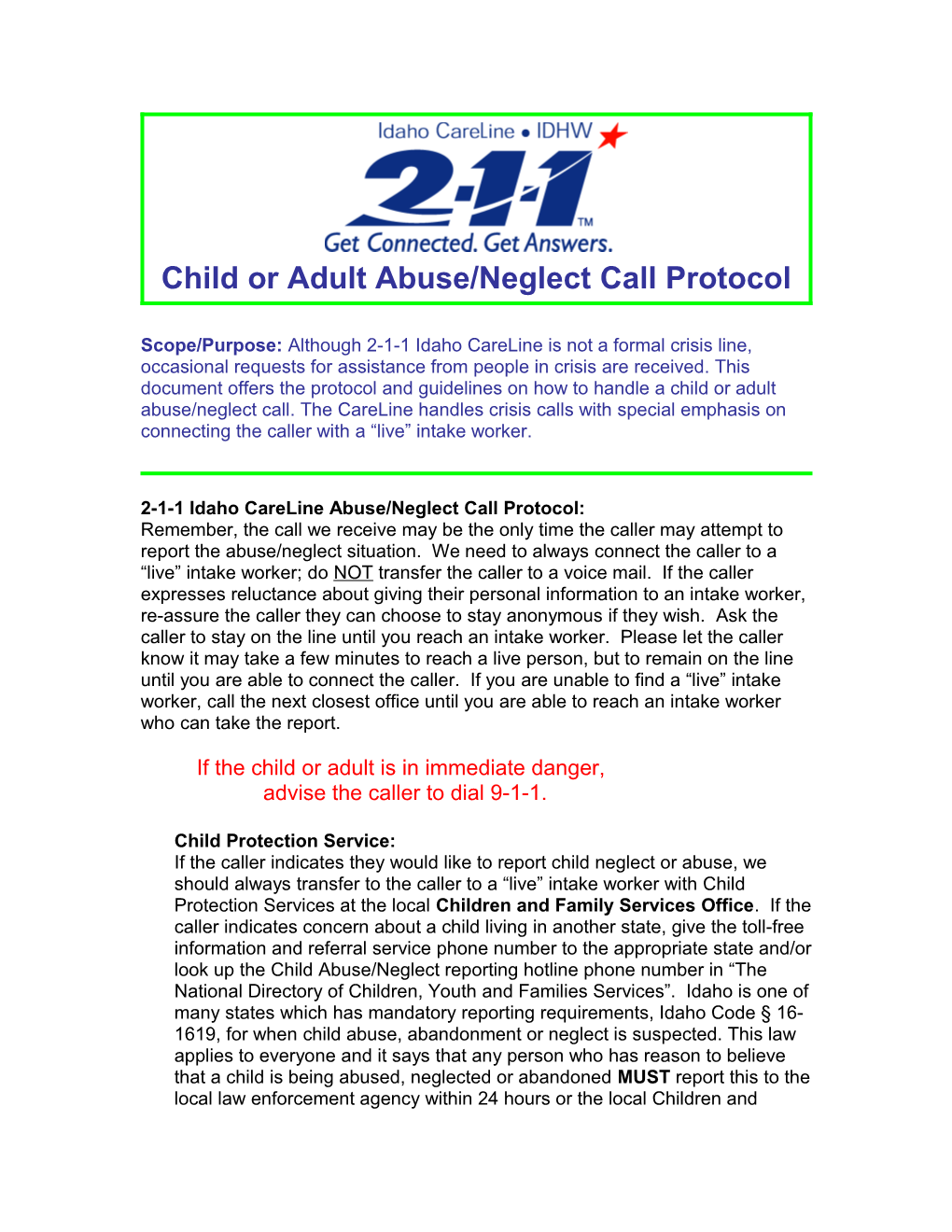Child Or Adult Abuse/Neglect Call Protocol