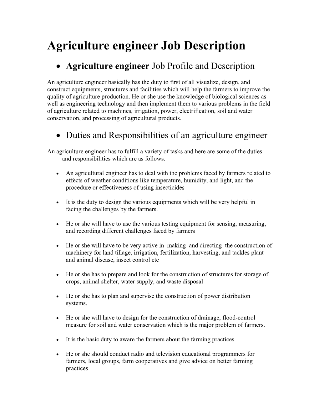 Agriculture Engineer Job Description