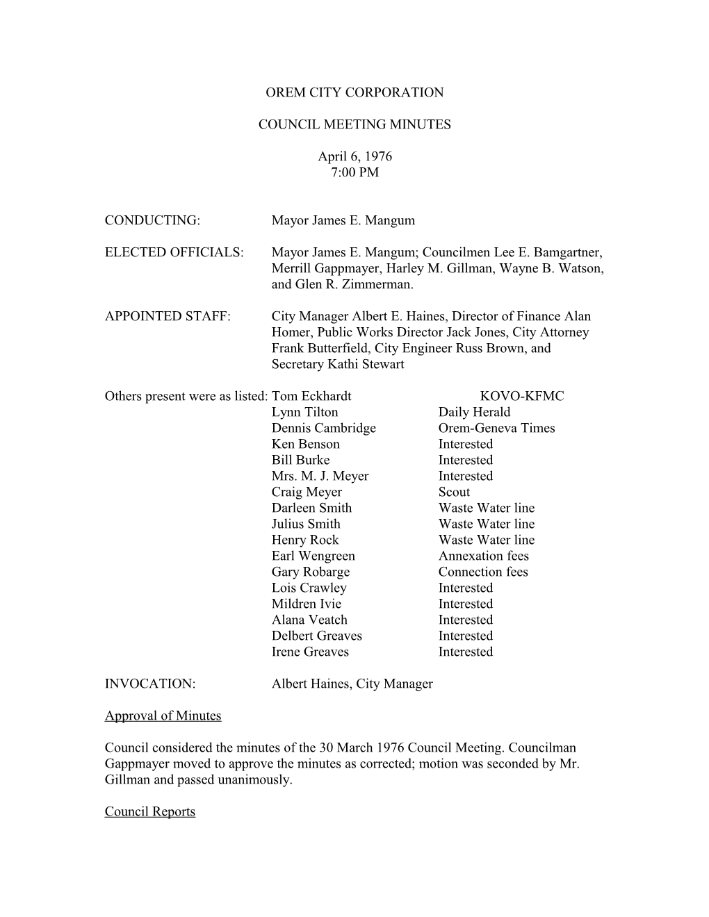 Orem City Corporation Council Meeting Minutes