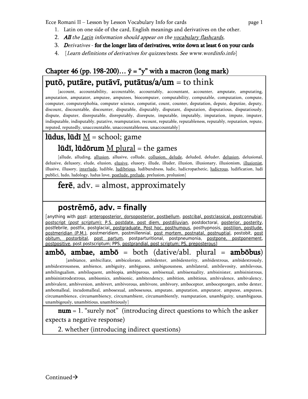 Ecce Romani II Lesson by Lesson Vocabulary Info for Cardspage 1