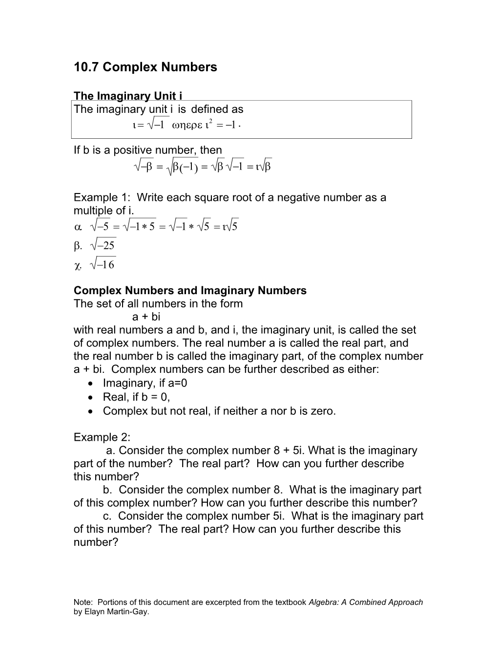 10.7 Complex Numbers