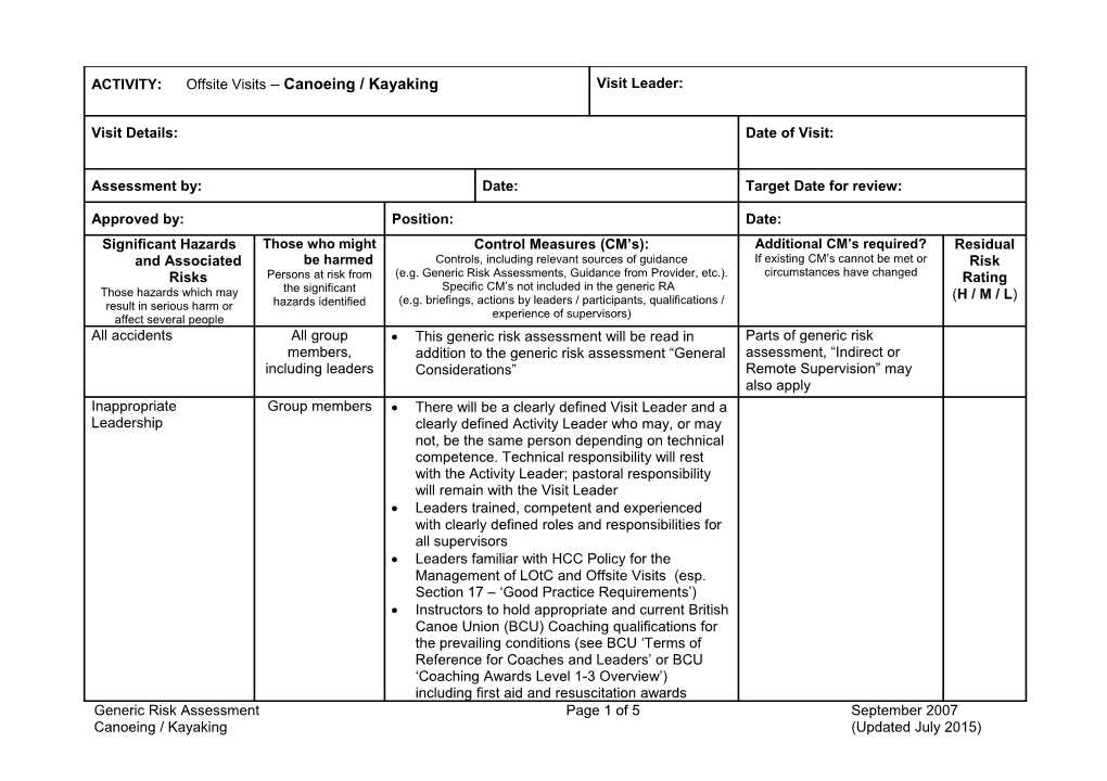 Offsite Risk Assessment - Canoeing and Kayaking