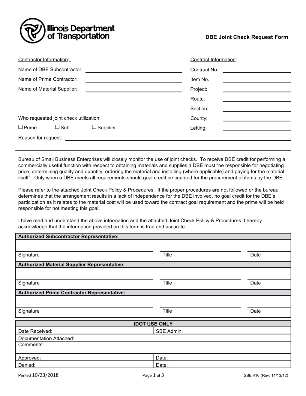 DBE Joint Check Request Form