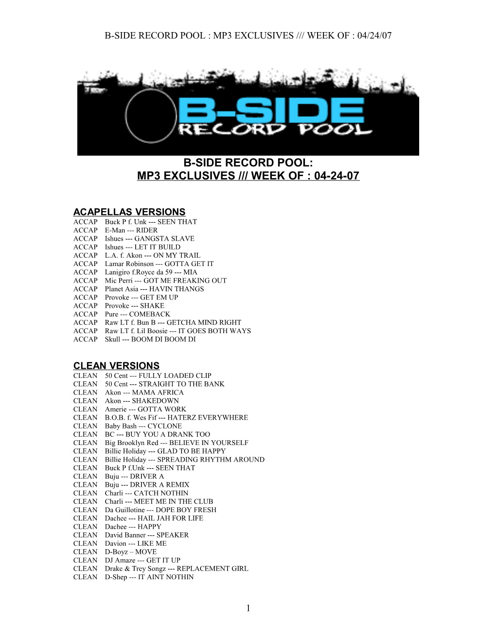 B-Side Record Pool : Mp3 Exclusives Week of : 04/24/07