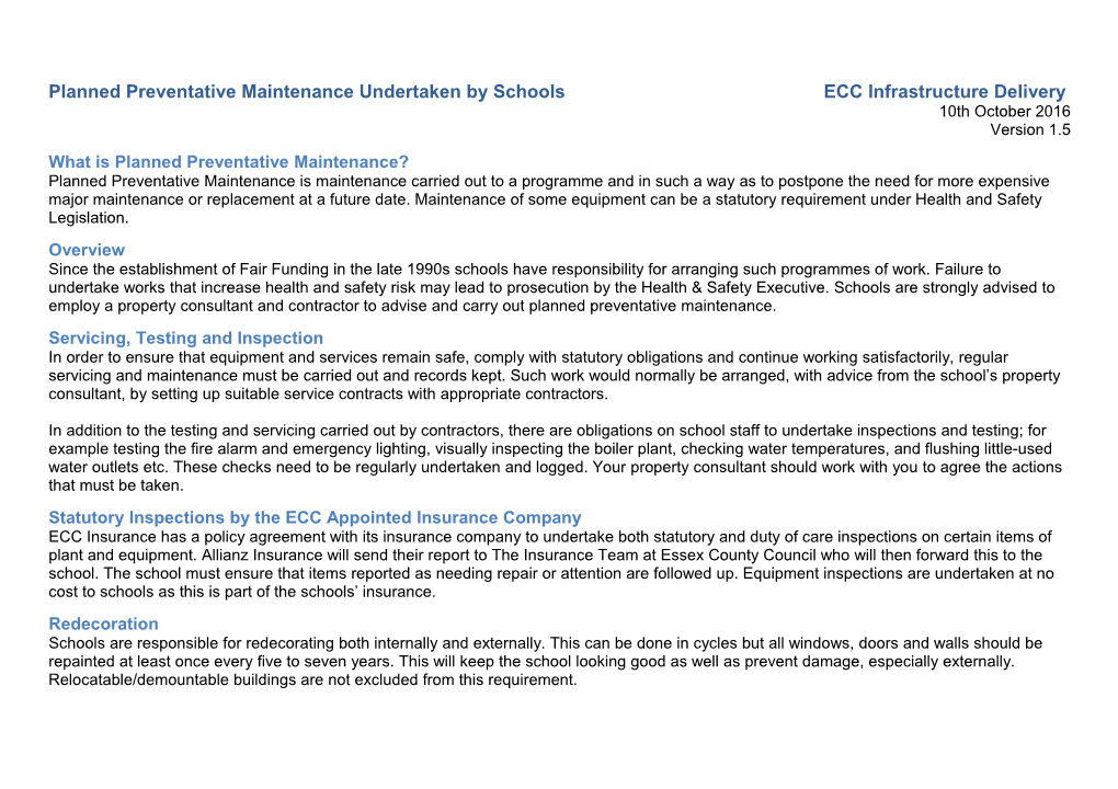 Planned Preventative Maintenance Undertaken by Schools ECC Infrastructure Delivery