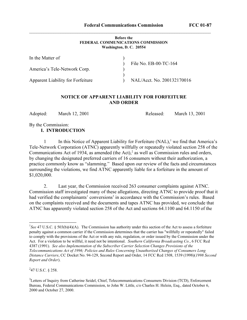 Federal Communications Commission FCC 01-87 ______