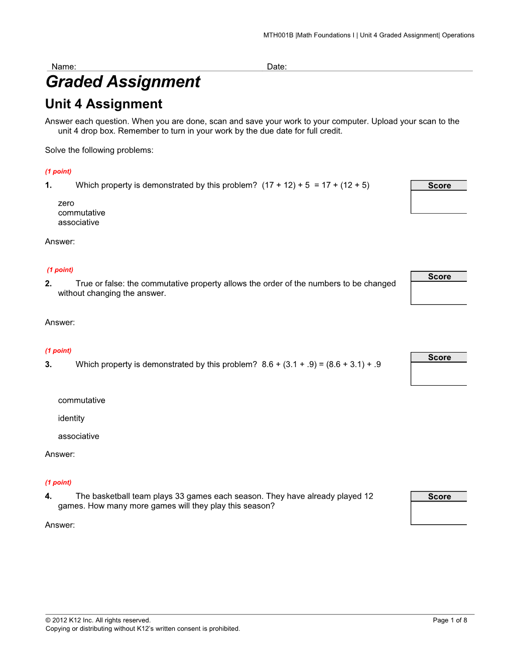 MTH001B Math Foundations I Unit 4 Graded Assignment Operations