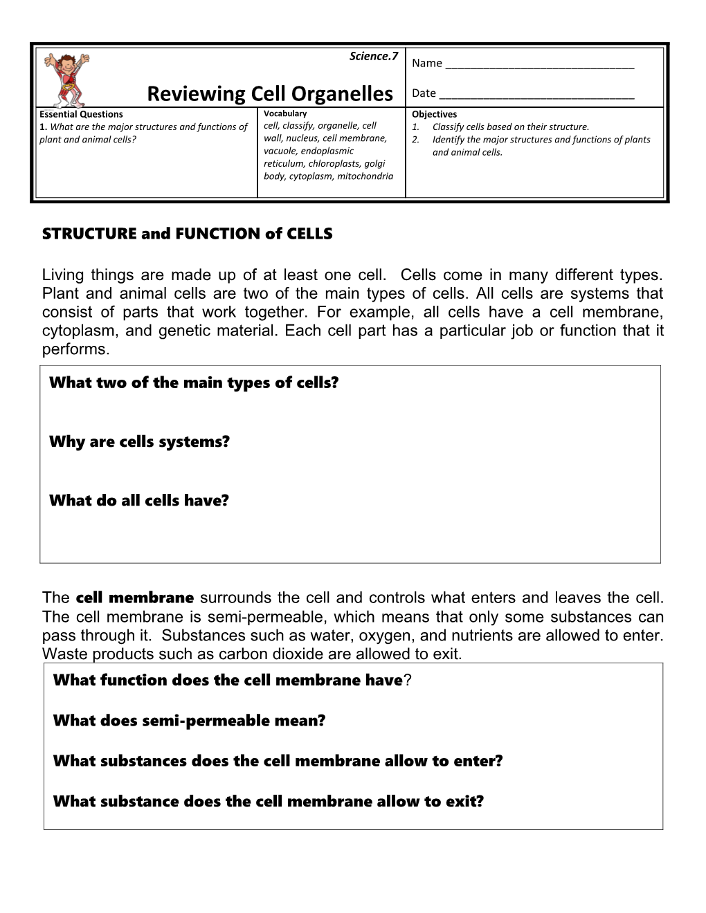 STRUCTURE and FUNCTION of CELLS