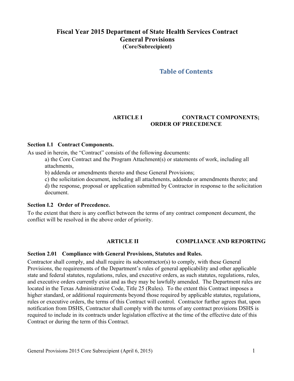 Article I Contract Components; Order of Precedence