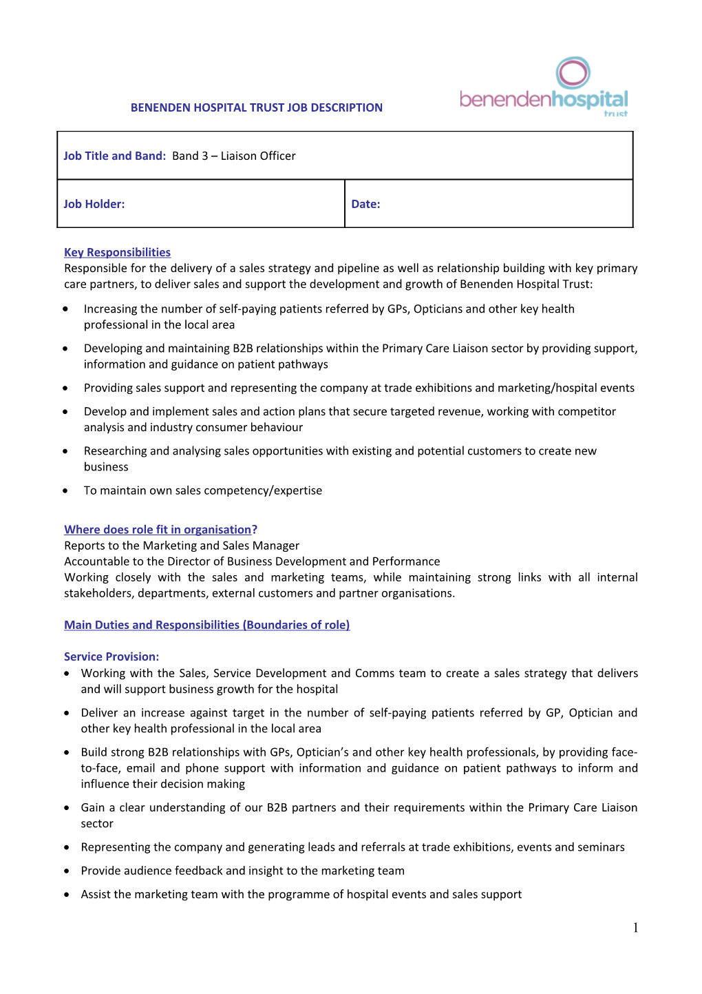 Benenden Hospital Trustjob Description