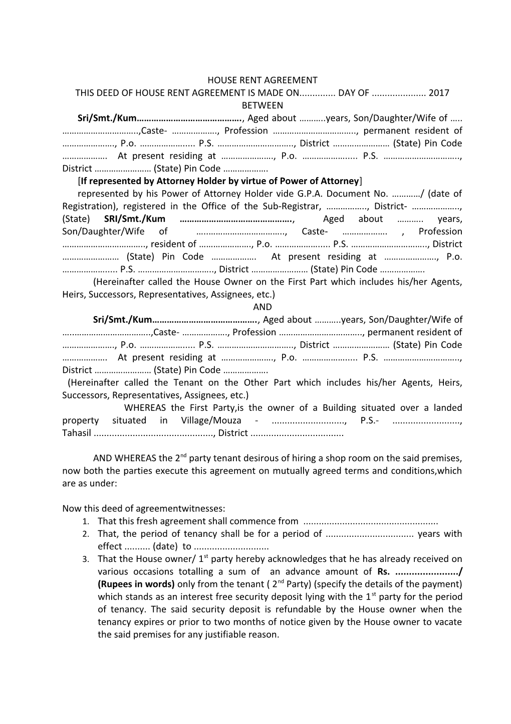 This Deed of House Rent Agreement Is Made on Day of 2017