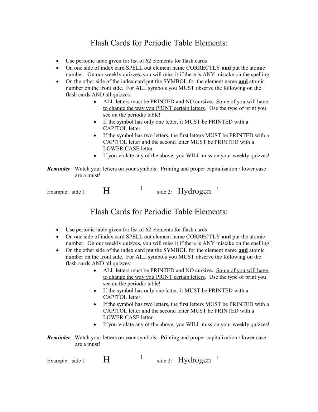 Flash Cards for Periodic Table Symbols/Elements