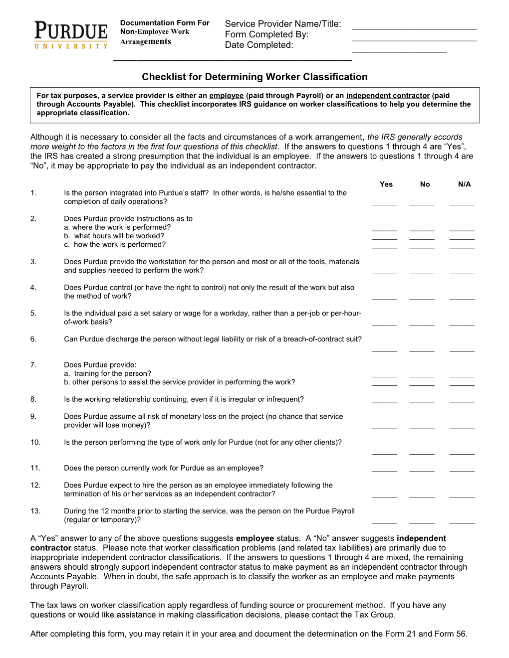 Checklist for Determining Worker Classification