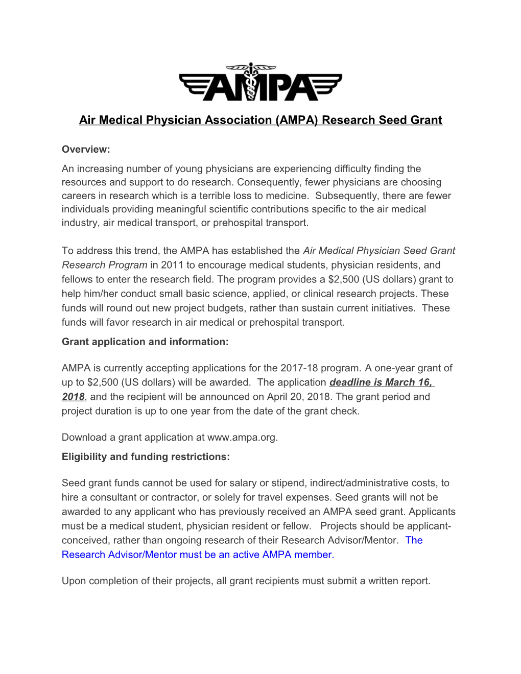 Air Medical Physician Association (AMPA) Research Seed Grant