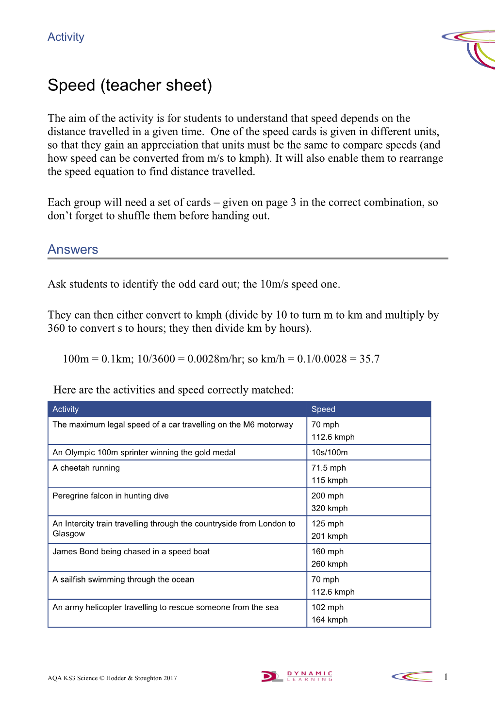 Speed (Teacher Sheet)