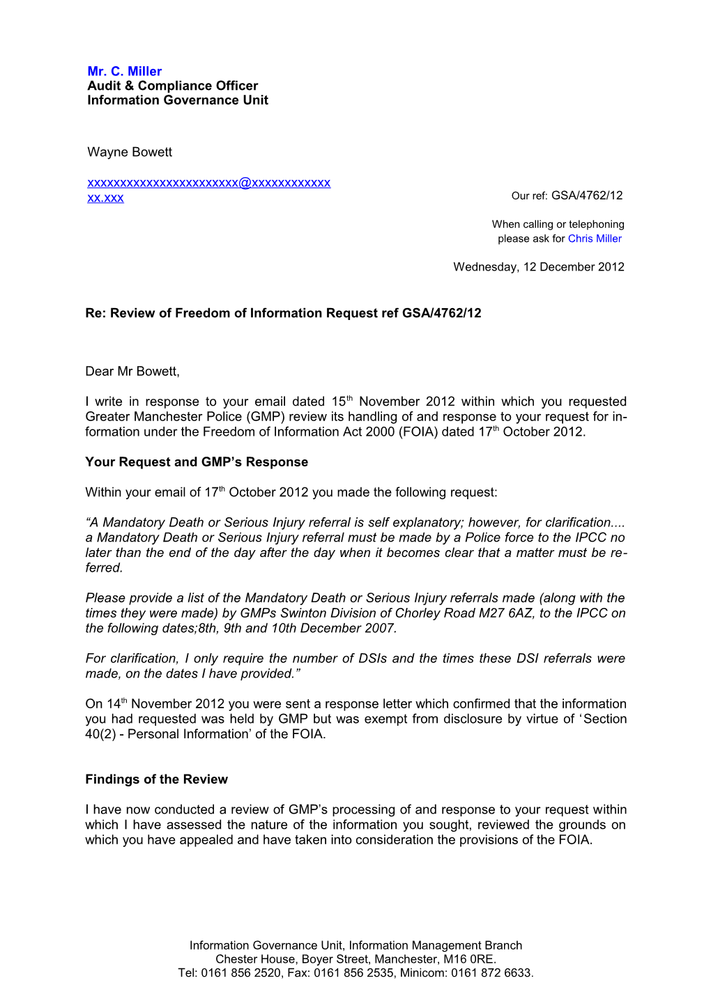 Re: Review of Freedom of Information Request Ref GSA/4762/12