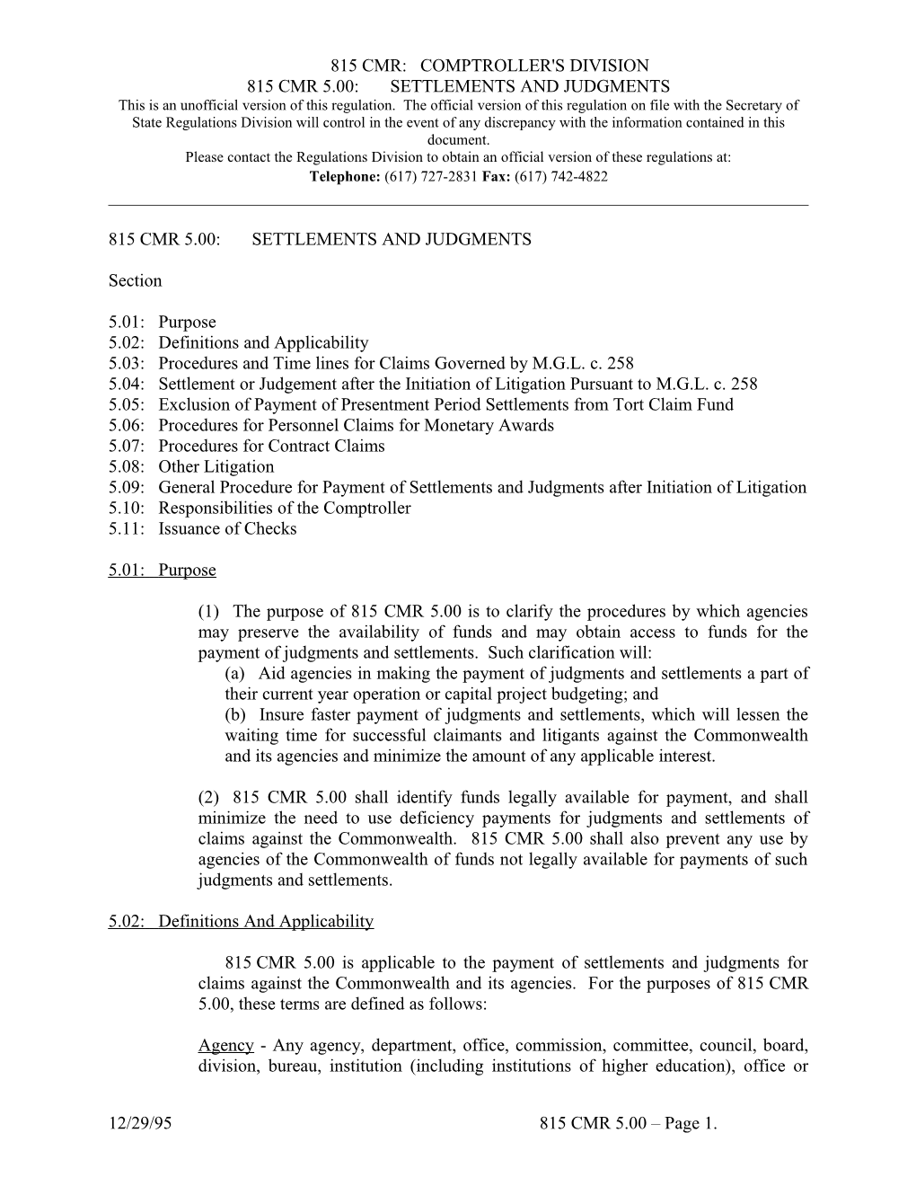 815 Cmr 5.00:Settlements and Judgments