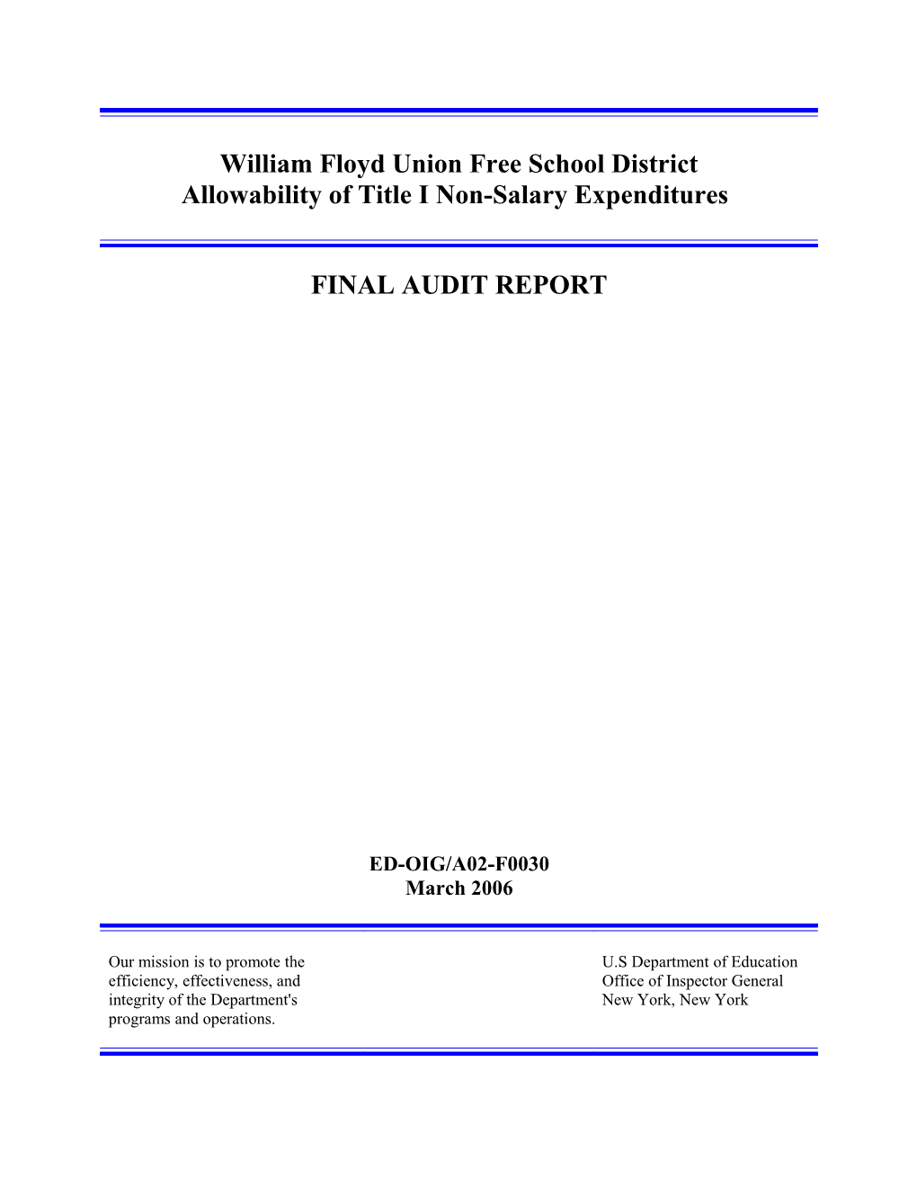 OIG Audit Report: William Floyd Union Free School District Allowability of Title I Non-Salary