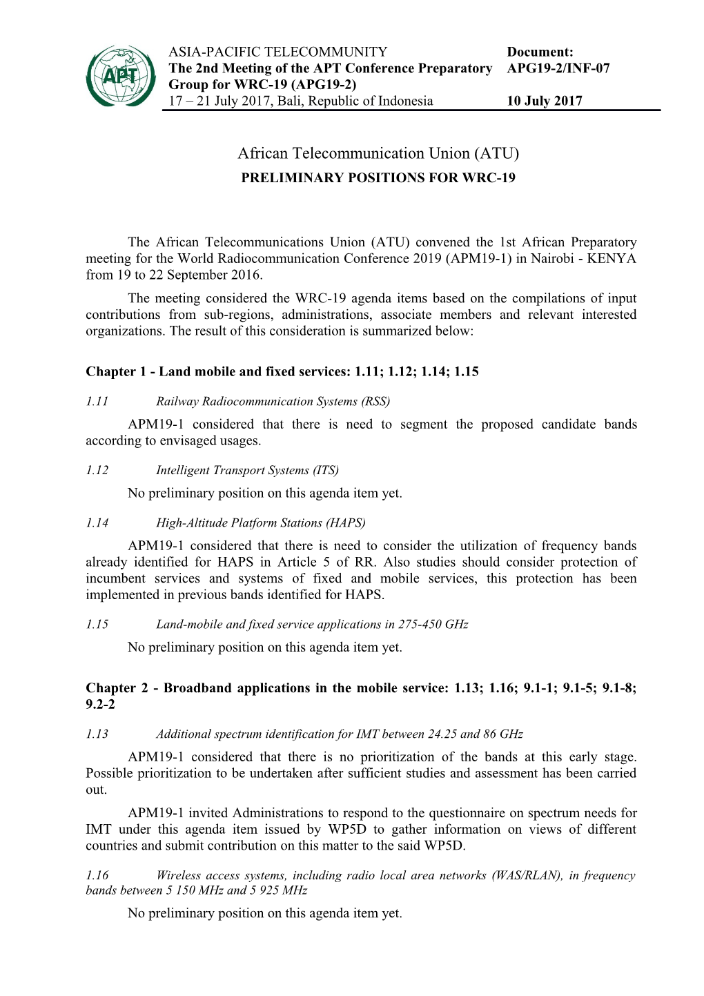 Preliminary Positions for Wrc-19