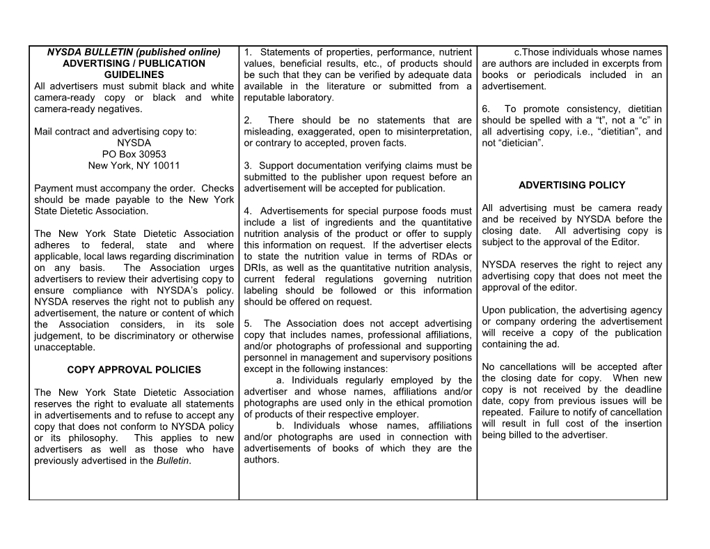 CONTRACT for ADVERTISING in the NYSDA BULLETIN, Published Online