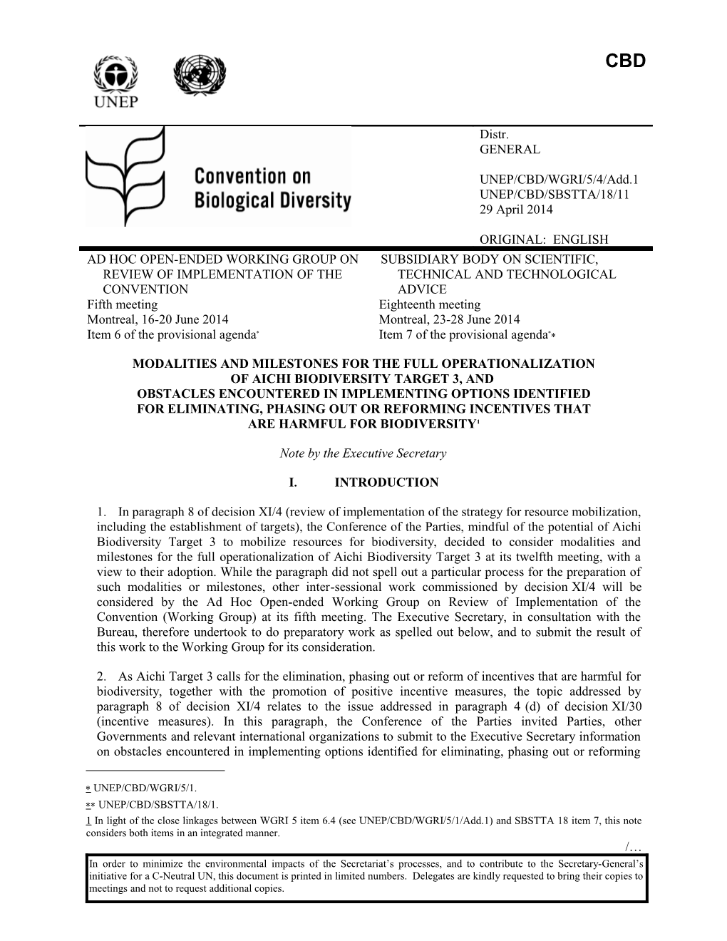 Modalities and Milestones for the Full Operationalization of Aichi Biodiversity Target