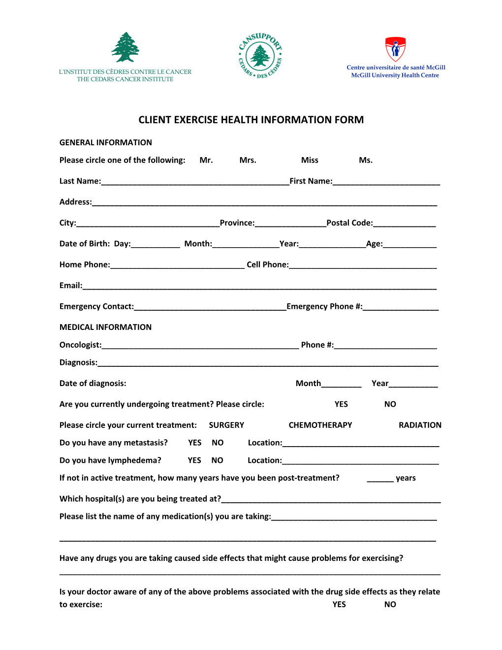 Client Exercise Health Information Form