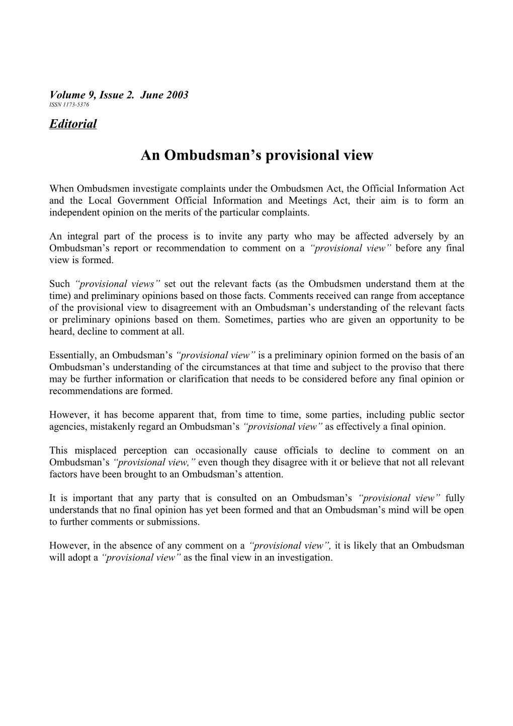 An Ombudsman S Provisional View