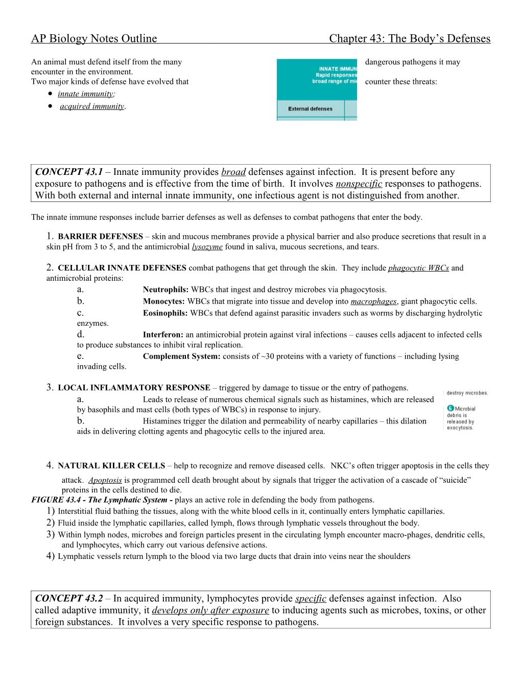 AP Biology Notes Outlinechapter 43: the Body S Defenses