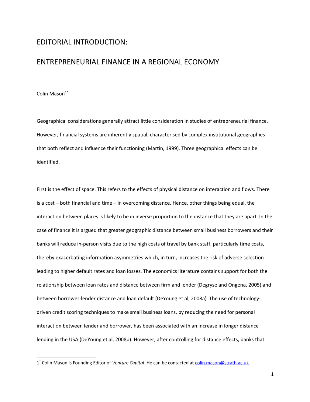 Entrepreneurial Finance in a Regional Economy