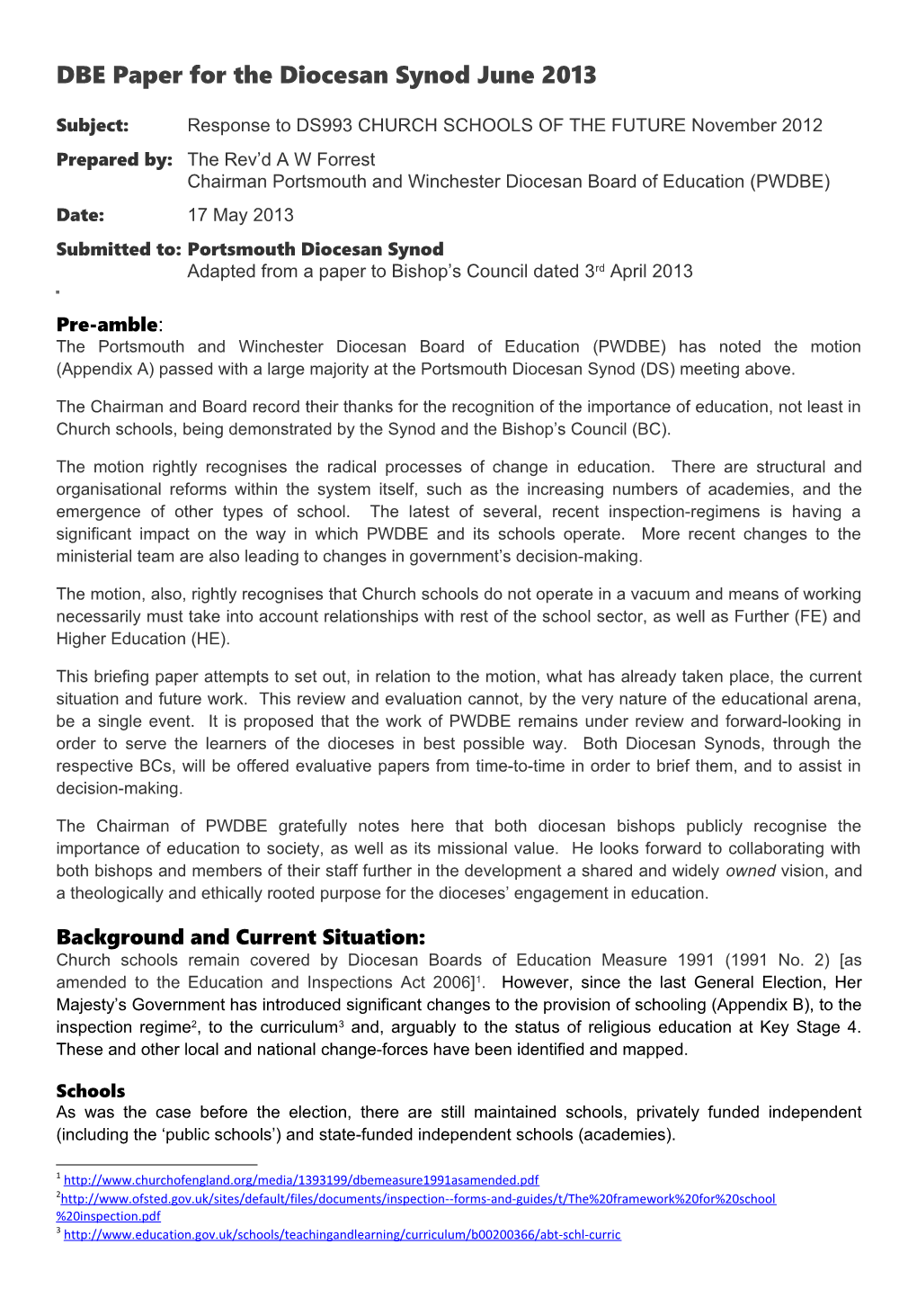 DBE Paper for the Diocesan Synod June 2013