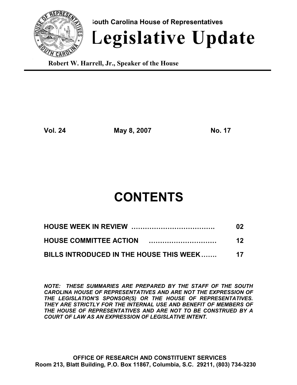 Legislative Update - Vol. 24 No. 17 May 8, 2007 - South Carolina Legislature Online