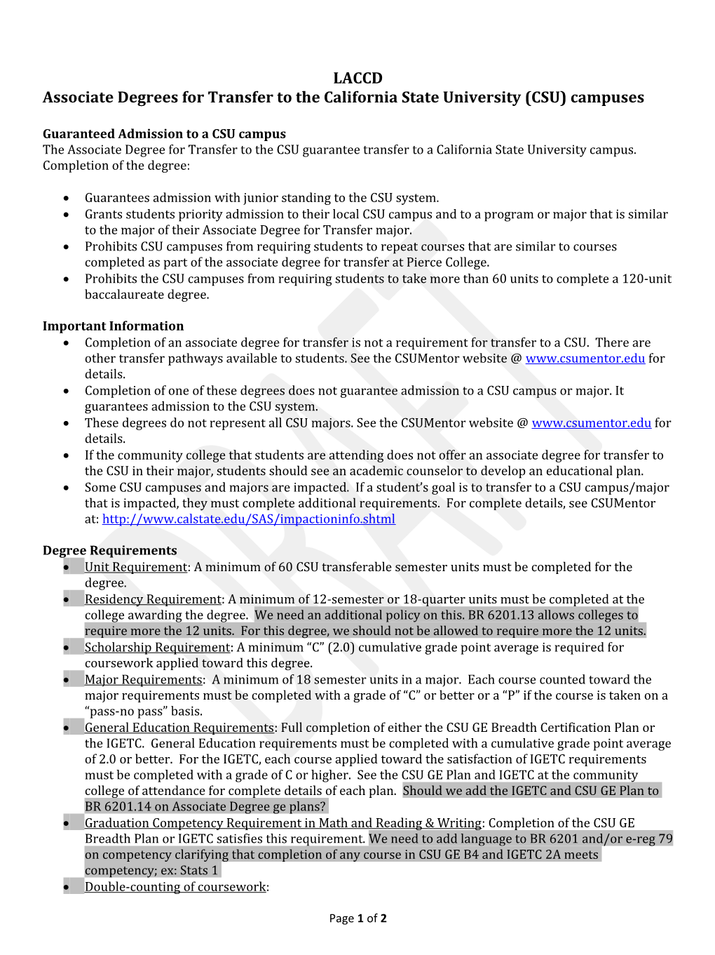 Associate Degrees for Transfer to the California State University (CSU) Campuses