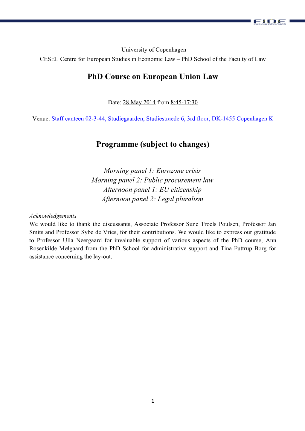 Phd Course on European Union Law