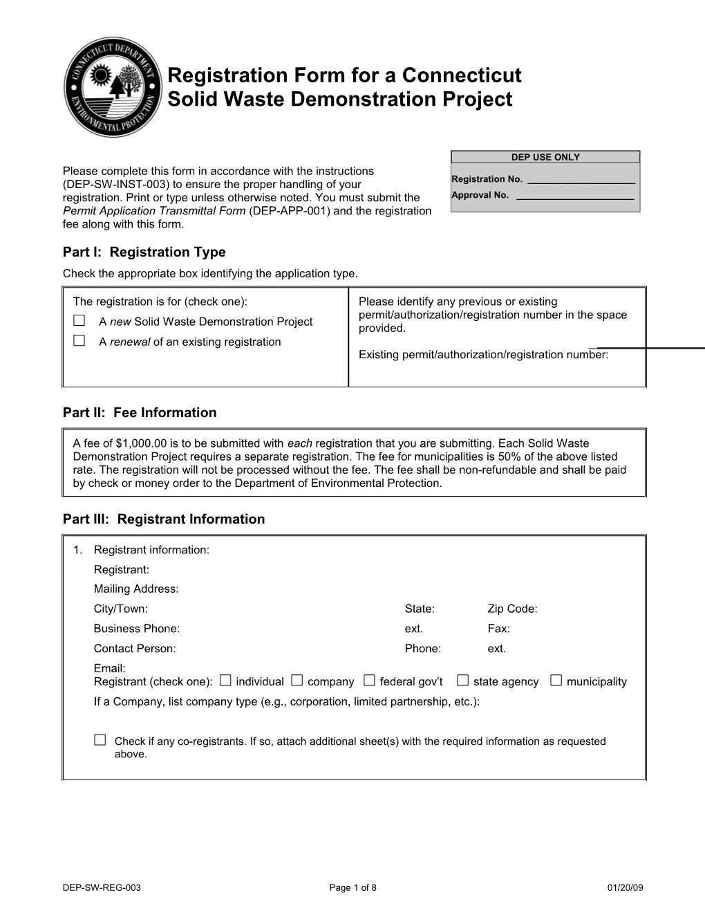 Registration Form for a Connecticut Solid Waste Demonstration Project