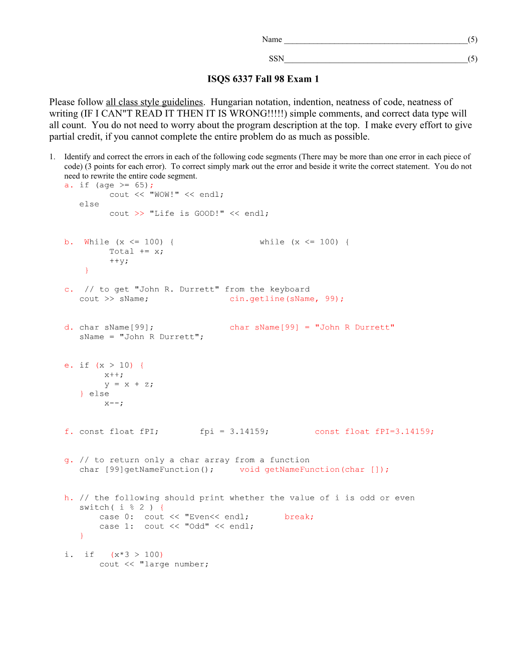 ISQS 6337 Fall 98 Exam 1