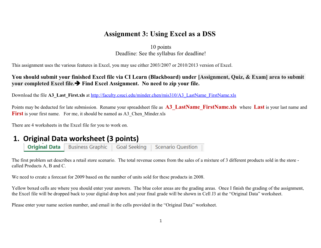 Assignment 3: Using Excel As a DSS