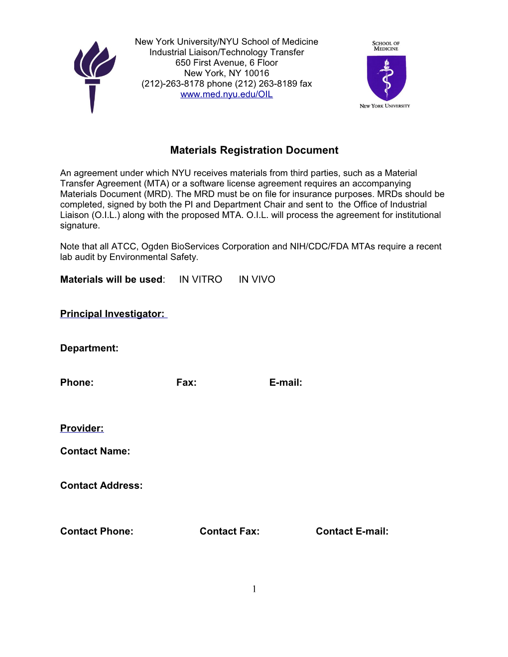 Materials Registration Document