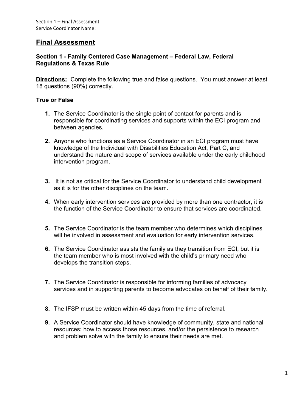 Section 1 - Family Centered Case Management Federal Law, Federal Regulations & Texas Rule