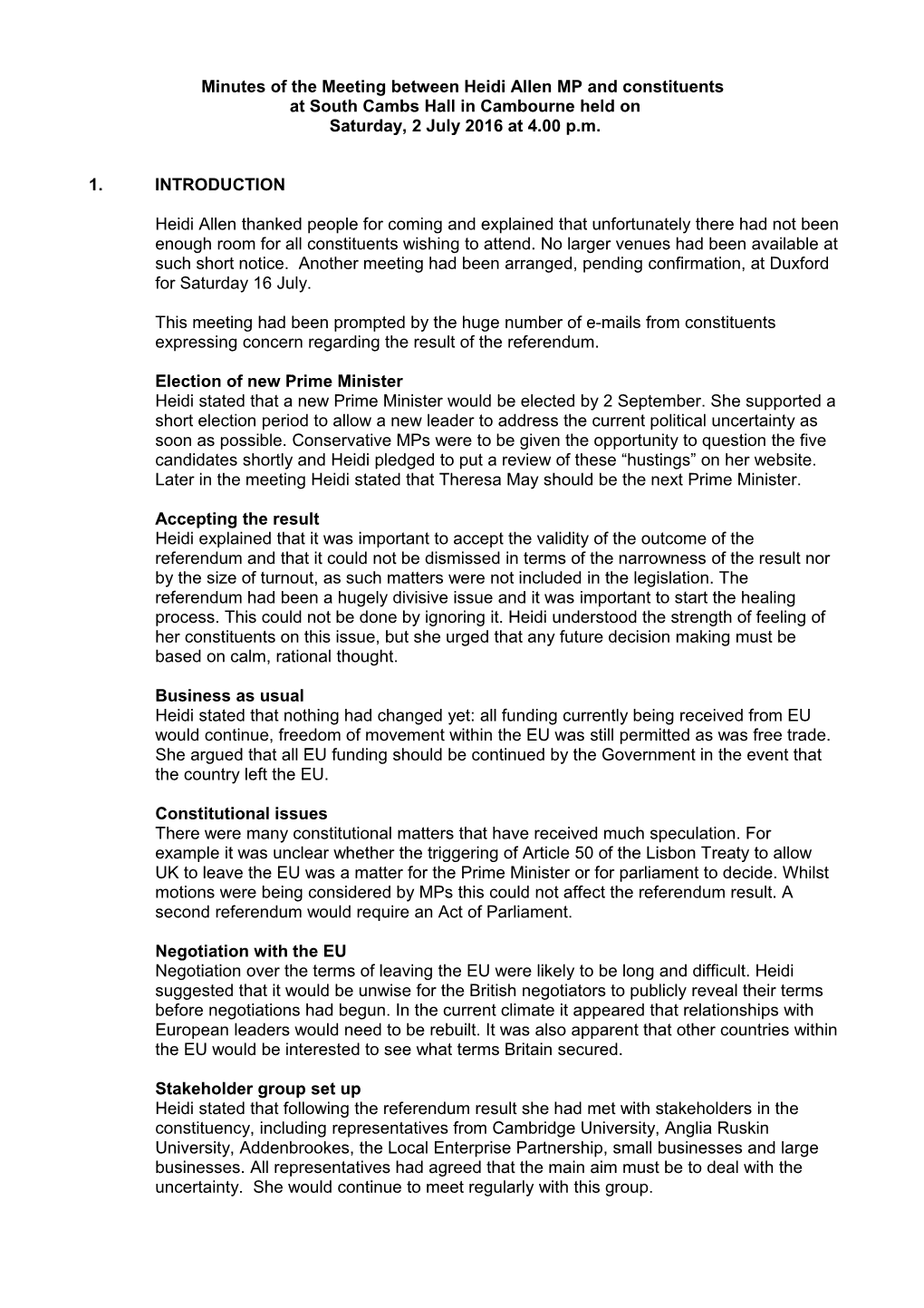 Minutes of the Meeting Between Heidi Allen MP and Constituents