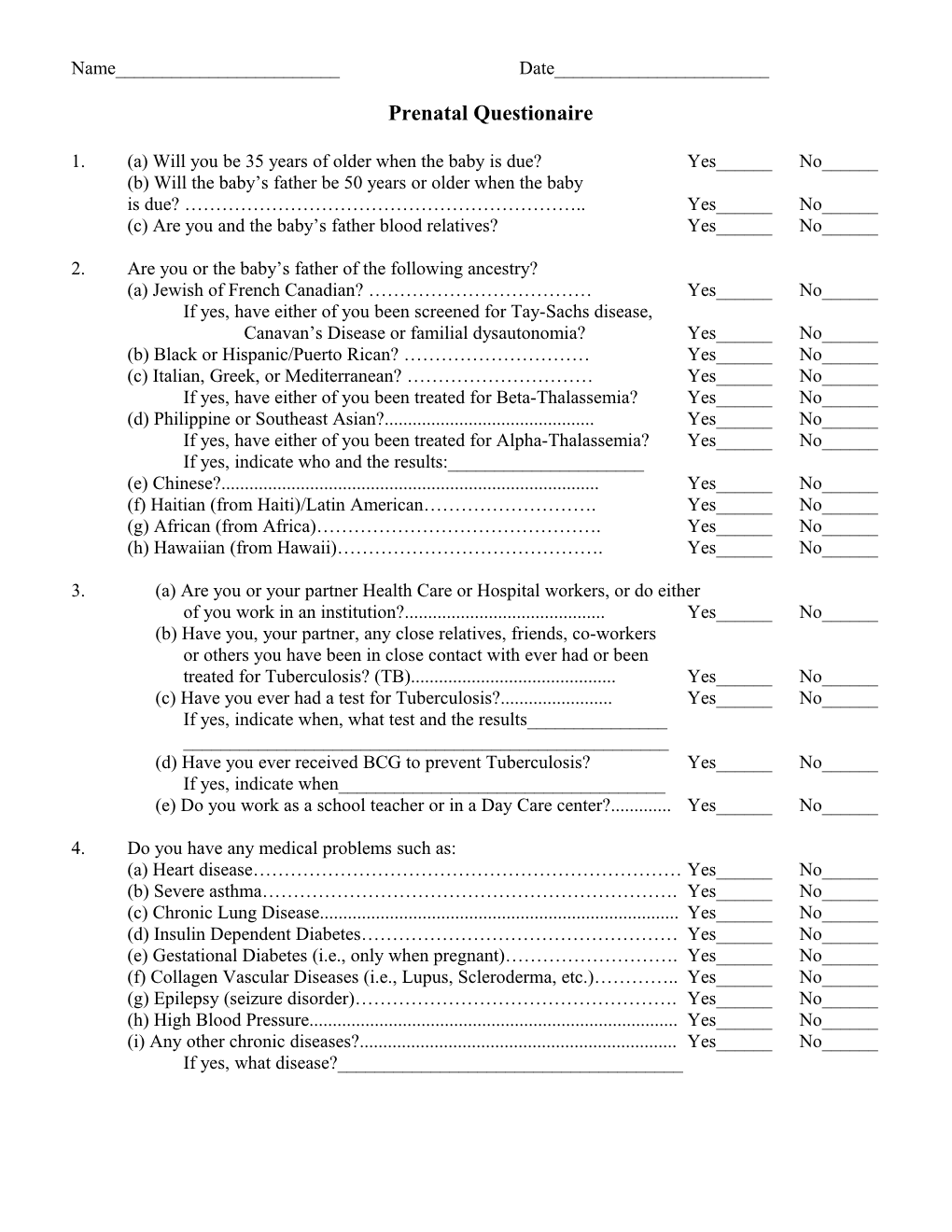 Prenatal Questionaire